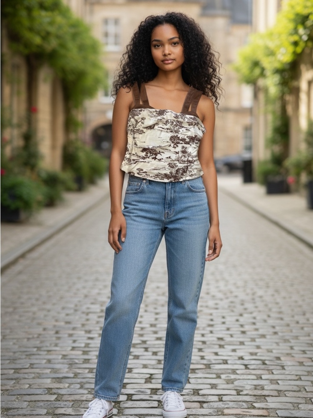 Free People Cream & Brown Toile Crop Camisole